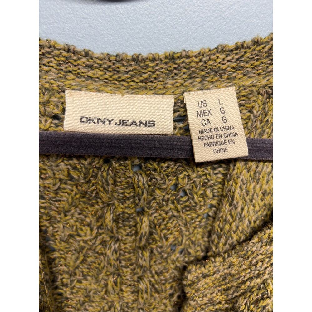 DKNY Green/Yellow/Metallic Cable-knit 2 Button Cardigan - Size Large - Flower - Picture 2 of 8